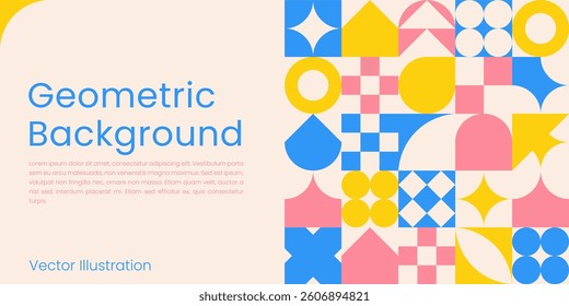 Geometric Abstract Design. Colorful Background of simple Geometric Shapes with Copy Space in Swiss style for Banner, Flyer, Cards, Presentation, Website Design, Landing. Vector template.