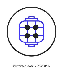 A geometric abstract design featuring a blue outlined square form contained within a dark circle. The interior of the square presents a grid-like structure with four solid black circles, set against