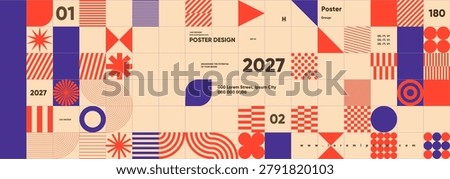 Geometric abstract design featuring bold red and blue patterns on a beige background. The layout includes various shapes and text elements, creating a modern and dynamic visual appeal.