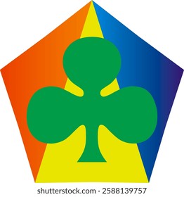 A geometric and abstract design featuring a green club symbol, commonly associated with playing cards, centered within a pentagon.