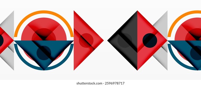 Geometric abstract design with layered triangles, circles, and gradients, forming a structured pattern with sharp contrasts and depth