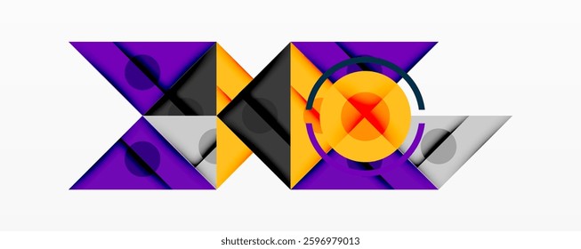 Geometric abstract design with layered triangles, circles, and gradients, forming a structured pattern with sharp contrasts and depth
