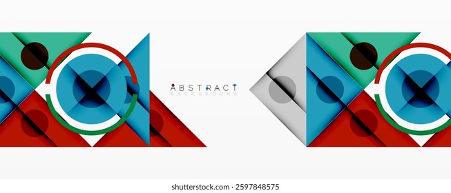 Geometric abstract design with layered triangles, circles, and gradients, forming a structured pattern with sharp contrasts and depth