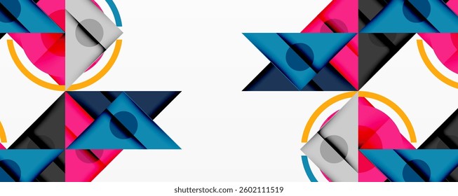Geometric abstract design with layered triangles, circles, and gradients, forming a structured pattern with sharp contrasts and depth