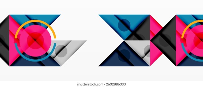 Geometric abstract design with layered triangles, circles, and gradients, forming a structured pattern with sharp contrasts and depth