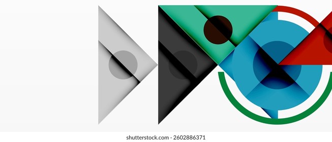 Geometric abstract design with layered triangles, circles, and gradients, forming a structured pattern with sharp contrasts and depth
