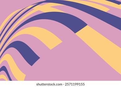 Geometric abstract design showcasing dynamic yellow and purple wavy stripes on a soft pink background, creating an intriguing and modern visual element perfect for artistic presentations or graphic