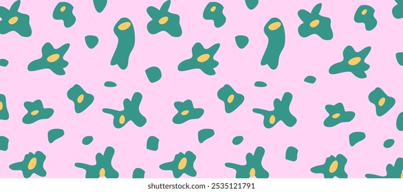 Geometric Abstract Design with simple colorful flowers, geometric shapes on a pink background for Presentation, Flyer and Leaflet, Cards, Landing, Website, gift craft, cover. Vector illustration.