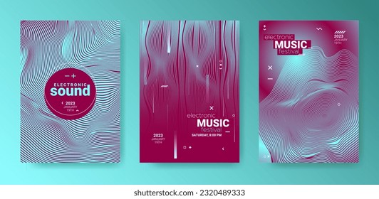 Geometric Abstract Dj Flyer Set. Electro Sound Cover. Techno Party Poster. Vector 3d Background. Edm Dj Flyer. Futuristic Festiv Banner. Gradient Wave Line. Psychedelic Abstract Dj Flyer.