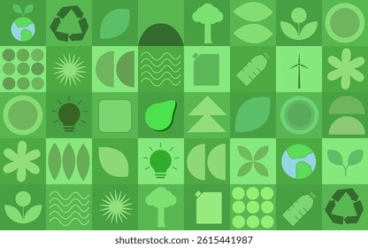 Geometric abstract eco pattern with the image of geometric figures leaves, planets
Vector eco pattern background