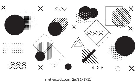Geometric abstract elements memphis style. Set of funky bold constructivism graphics for posters, flyers. Vector yellow and black minimal shapes for modern cover design
