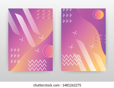 Geometric abstract elements on purple yellow design for annual report, brochure, flyer, poster. Geometry background vector illustration for flyer, leaflet, poster. Abstract A4 brochure template.