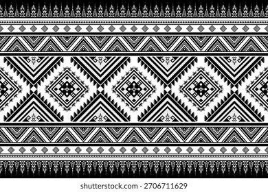 Padrão étnico abstrato geométrico sem costura Motivos tribais mínimos em preto e branco no fundo preto. Fundo decorativo ornamental têxtil cultural tradicional para impressões de tecido, papéis de parede