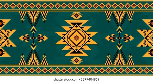 The geometric abstract fabric pattern in traditional tribal American style. Navajo symbol motifs in black, yellow, and orange colors on blue background. The pattern design for textiles and clothing.