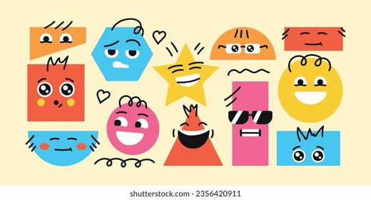 Geometric abstract faces with different emotions. Characters color concept. Vector isolated elements