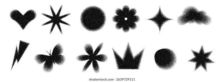 Geometric abstract figures with grain noise gradient texture. Y2k retro stippling forms set. Butterfly, heart and star flower icons on white background. Vector gritty gradation shapes illustration.