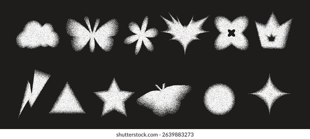 Geometric abstract figures with grain noise gradient texture. Y2k retro stippling forms set. Butterfly, heart and star flower icons on dark background. Vector gritty gradation shapes illustration.