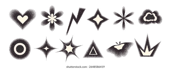 Geometric abstract figures with grain noise gradient texture. Y2k retro brutal stippling forms set. Butterfly, triangle and star flower icons. Vector gritty gradation shapes illustration.