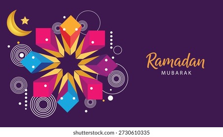 Diseño floral abstracto geométrico con Formas brillantes magenta, cian y amarillo con acentos de luna creciente sobre un fondo púrpura profundo.