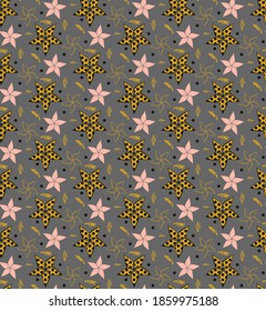 Geometric abstract floral seamless pattern. Stylish texture with stars, polka dots, line contours. Dark grey color background is easy to change. Vector