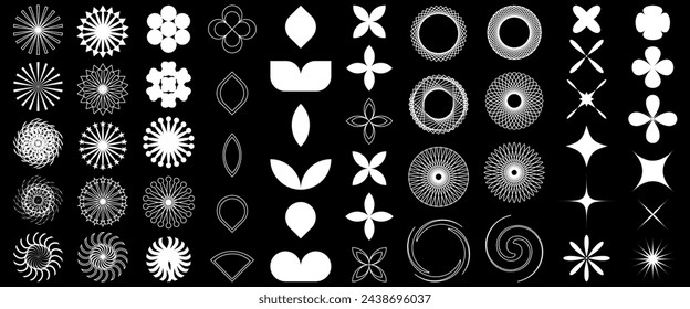 Geometric abstract flower shape set, star figure vector icon kit, funky retro brutal minimal art. Simple Memphis y2k elements collection, floral grid flat bauhaus template. Abstract flower forms