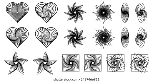 Geometric abstract flower shape set, star figure vector icon kit, funky retro brutal minimal art. Simple Memphis y2k elements collection, floral grid flat bauhaus template. Abstract flower forms