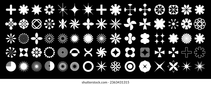 Geometrisches abstraktes Vektorset, funky-star-Figur-Icon-Kit, retro brutal minimal art. Einfache Memphis y2k Elemente Sammlung, florales Gitter flaches Bauhaus-Template. Abstrakte Blumenformen