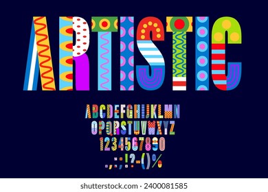 Geometric abstract font, Bauhaus type or color shape typeface, vector urban art English alphabet. ABC letters font of artistic retro or modern creative typography type with colorful pattern and shapes