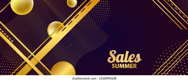 Geometric abstract gold summer background. Golden sale and lines on dark blue banner trend gradient
