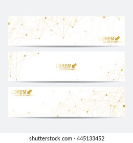 Geometric abstract golden banners. Molecule and communication background for website templates. Vector illustration