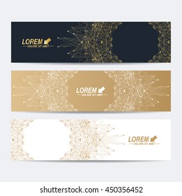Geometric abstract golden banners. Molecule and communication background for website templates. Vector illustration