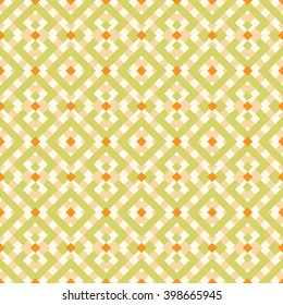 Geometric abstract green and orange pattern. Vector seamless wallpaper.