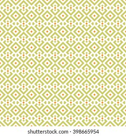 Geometric abstract green and orange pattern. Vector seamless wallpaper.