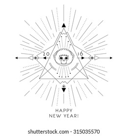Geometric abstract greeting card with head of monkey / Happy New Year / line art / modern background 
