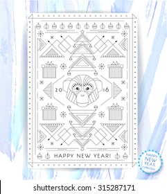 Geometric abstract greeting card with head of monkey / Happy New Year / line art / modern background 