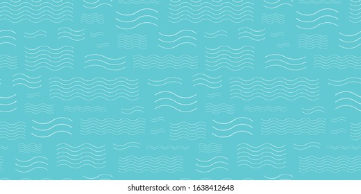 Geometric abstract hand drawn wavy ocean pattern, sea and summer mood on turquoise background. Beachy costal design for your holiday. Nature background. Print, background, stationary.