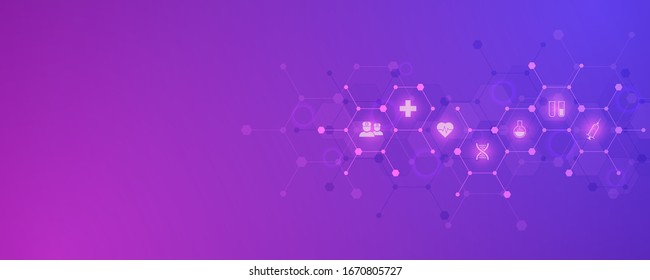 Geometric Abstract Hexagon Technology Medical Background With Flat Icons And Symbols. Template Design For Health Care Business, Innovation Medicine, Pharmaceutical Industry, Science Background.