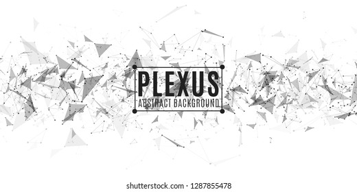 Geometric abstract horizontal background. Plexus cover. Modern design. Flying triangles isolated on white background. Connected triangles. Science backdrop. Vector illustration. EPS 10