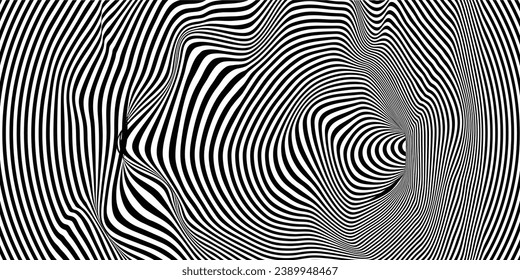 Geometric abstract hypnotic wormhole tunnel. Optical Illusion background. Black and white pattern, spherical volume. Vector illustration