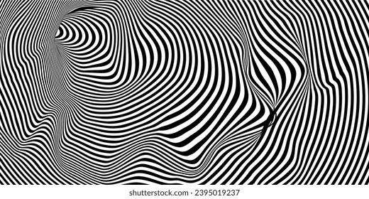 Geometric abstract hypnotic wormhole tunnel. Optical Illusion background. Black and white pattern, spherical volume. Vector illustration