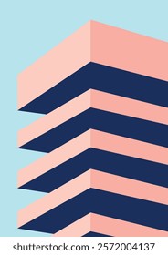 Geometric, abstract illustrate buildings. Blue, pink and green buildings with shadows. Door, stairs, window.