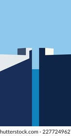 Geometric, abstract illustrate buildings. Wall, door, sea, sky, balcony, shadow. Pink, blue, yellow, dark blue, orange, green. 