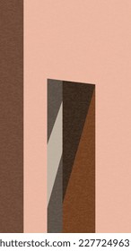 Geometric, abstract illustrate buildings. Wall, door, sea, sky, balcony, shadow. Pink, blue, yellow, dark blue, orange, green. 