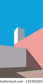 Geometric, abstract illustrate buildings. Wall, door, sea, sky, balcony, window, boat, rocks, sun,  shadow. Pink, blue, yellow, dark blue, orange, green. 