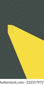 Geometric, abstract illustrate buildings. Wall, door, sea, sky, balcony, window, boat, rocks, sun,  shadow. Pink, blue, yellow, dark blue, orange, green. 