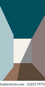 Geometric, abstract illustrate buildings. Wall, door, sea, sky, balcony, window, boat, rocks, sun,  shadow. Pink, blue, yellow, dark blue, orange, green. 