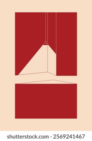 Geometric, abstract illustrate buildings. Wall, room, lamp, unshadow. Red room, red building sketch with light.