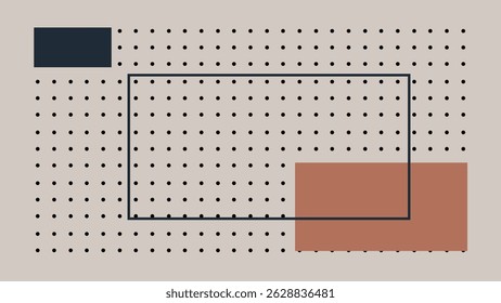 Ilustración abstracta geométrica con rectángulos llamativos y una cuadrícula central de puntos negros sobre un fondo beige, que ofrece un aspecto moderno limpio y estructurado.