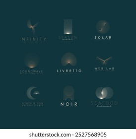 Geometric abstract labels with text and thin lines drawing on dark turquoise background