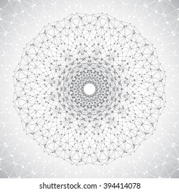 Geometric abstract lattice with connected line and dots. Round gray form of the molecule. Graphic composition for your design. Vector illustration.